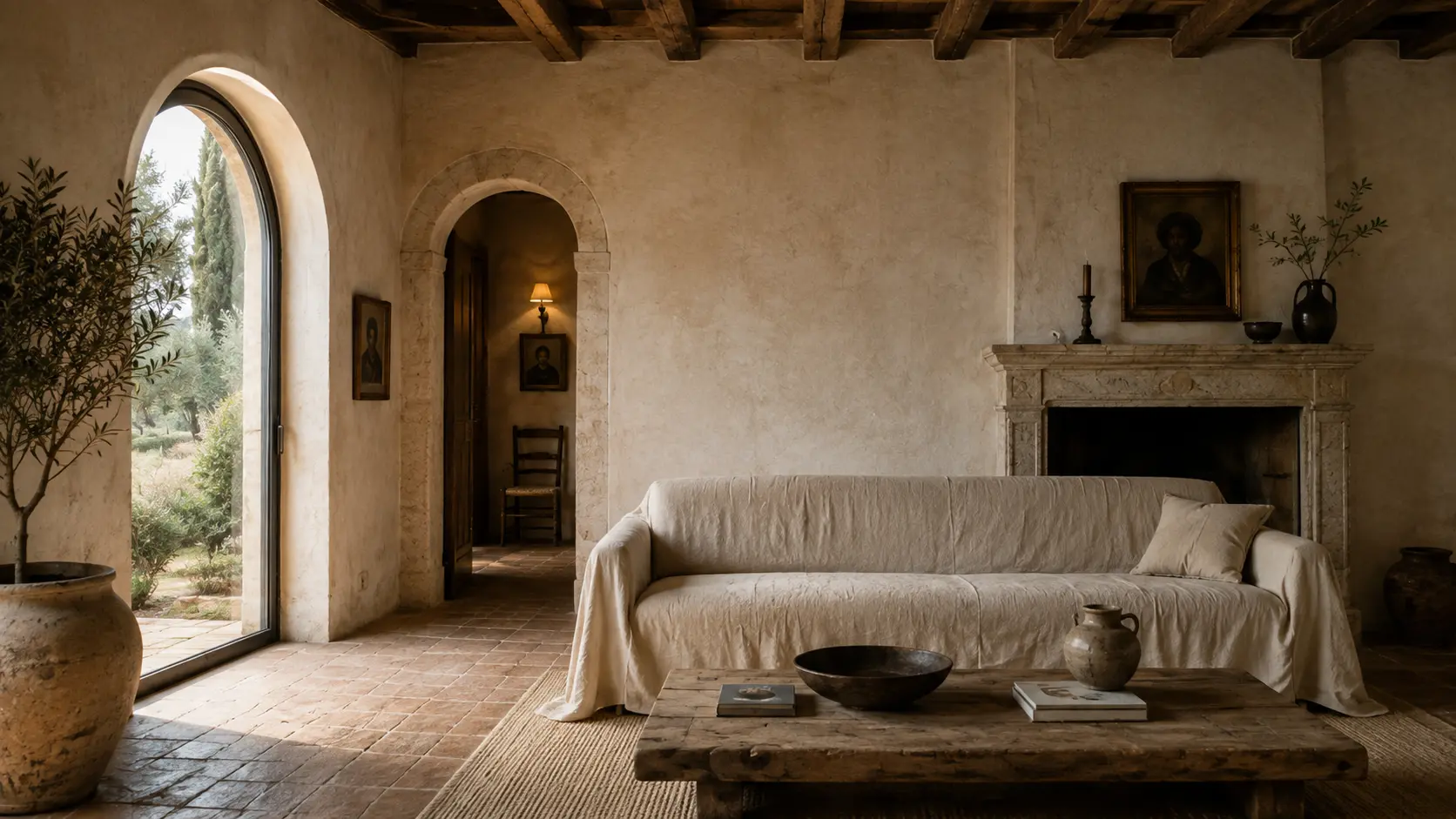 living room with a linen sofa beside the stone fireplace