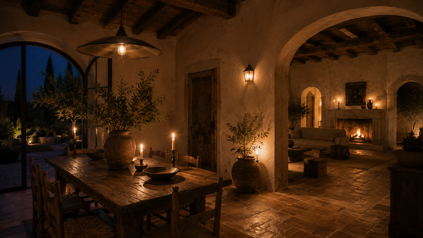 dining room by candlelight, fire lit in the room beyond