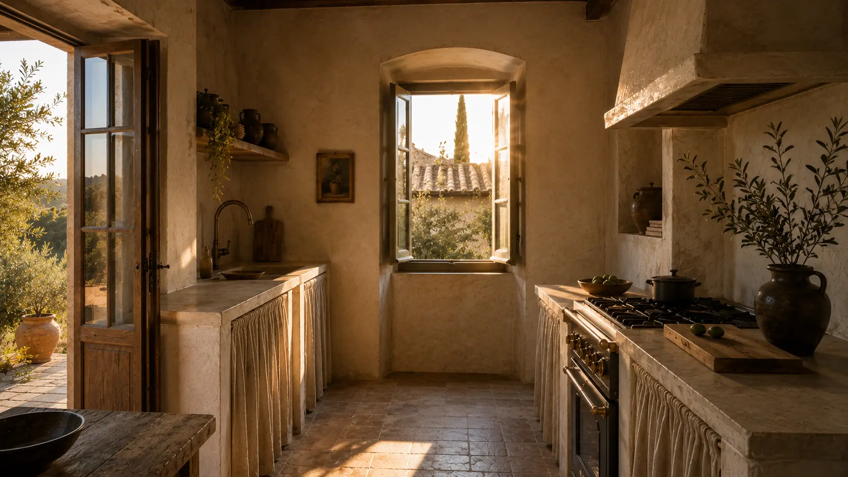 narrow kitchen with a stone counter and an open window