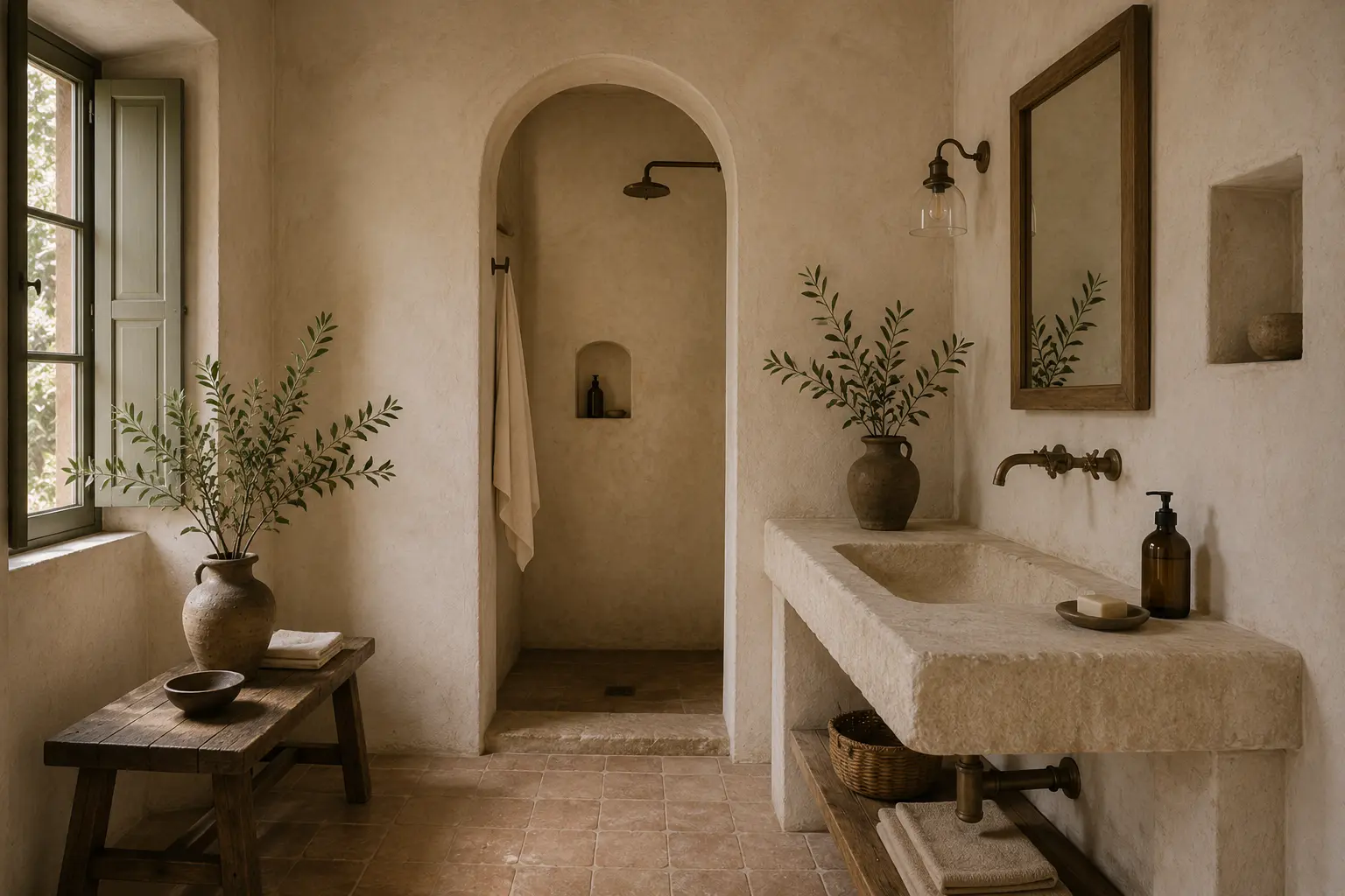 bathroom with a carved stone trough sink and an arched shower