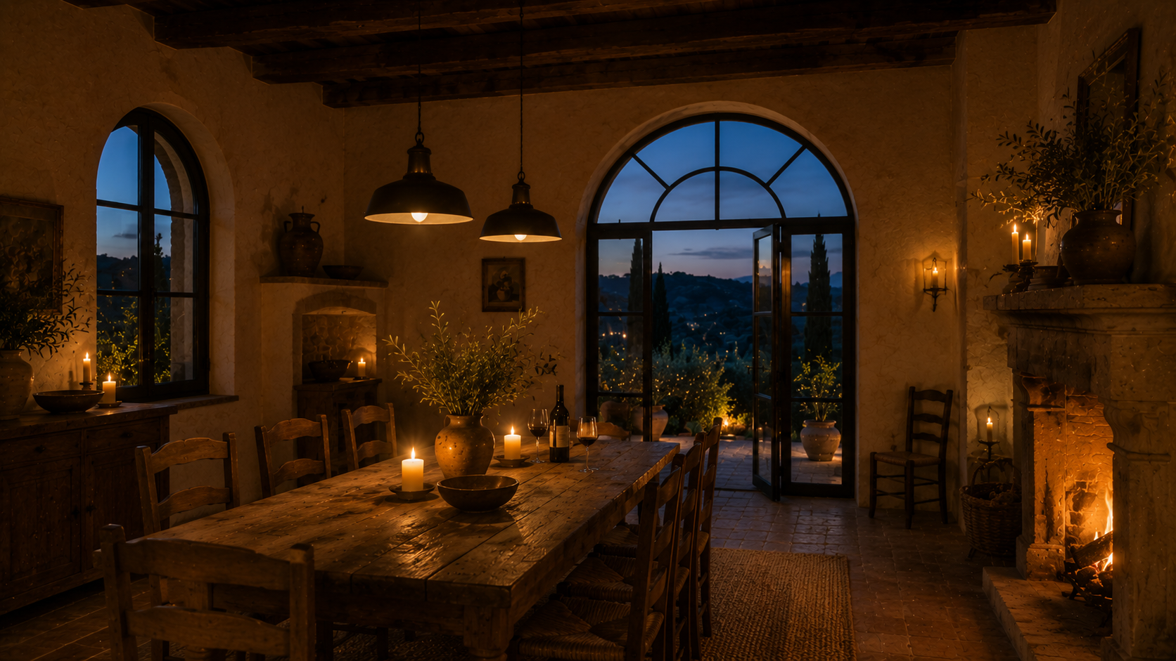 dining room at blue hour, candles on the long wooden table