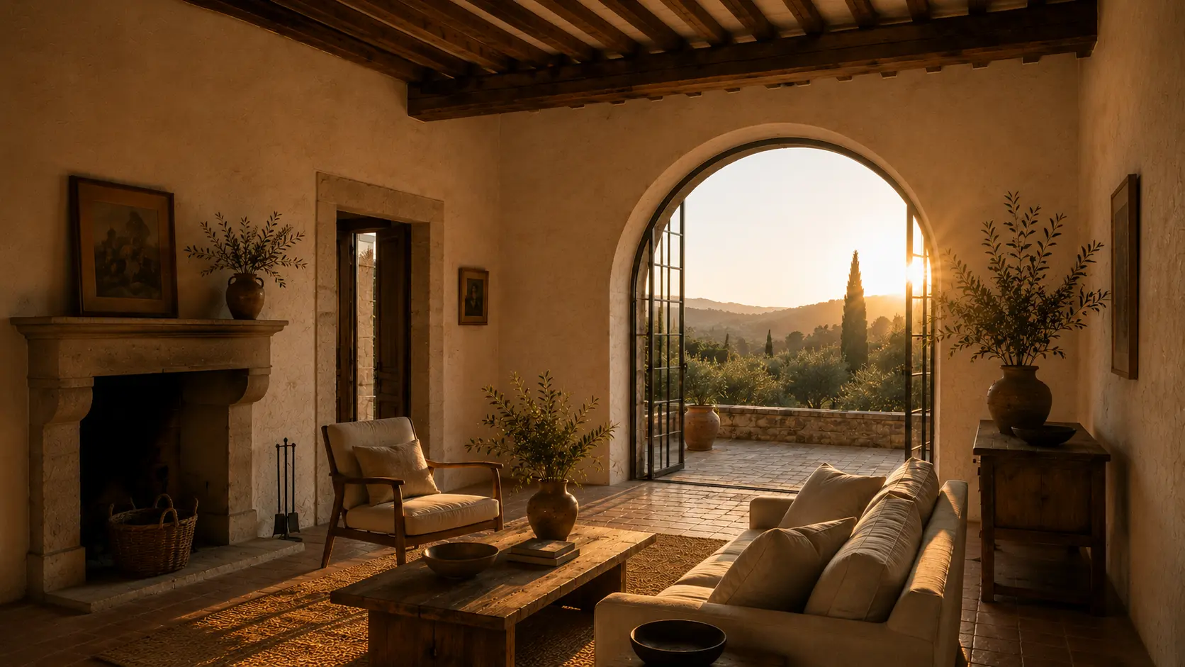 living room with an arched door open to the hills in early light