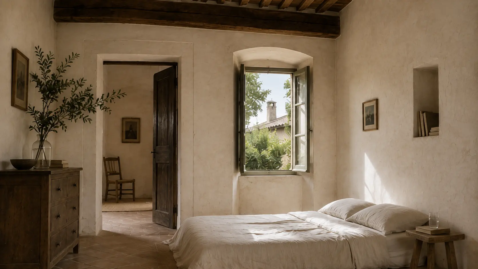 bedroom with the shutters open onto the garden
