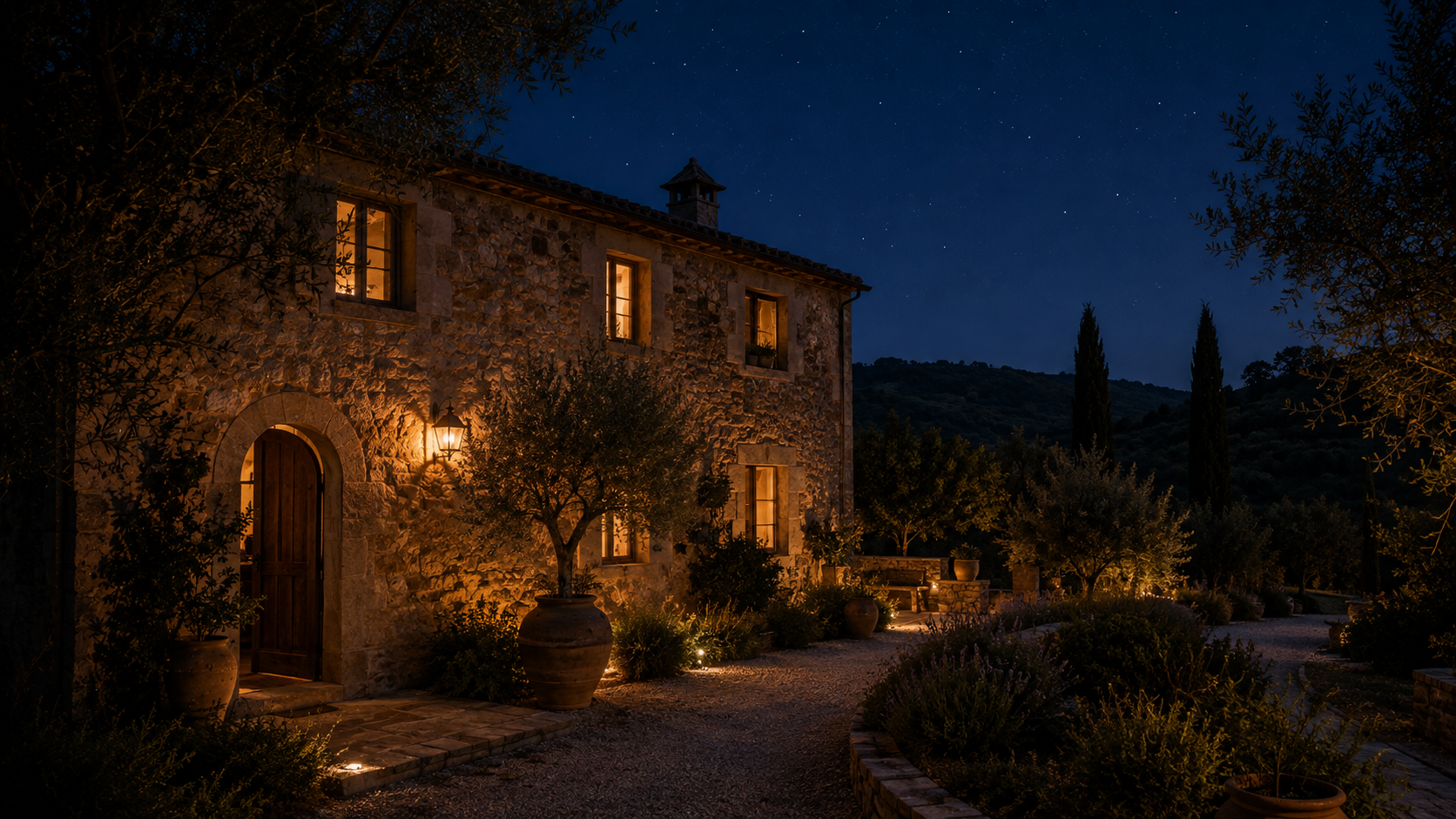 the house at night under a starred sky, windows warm from within