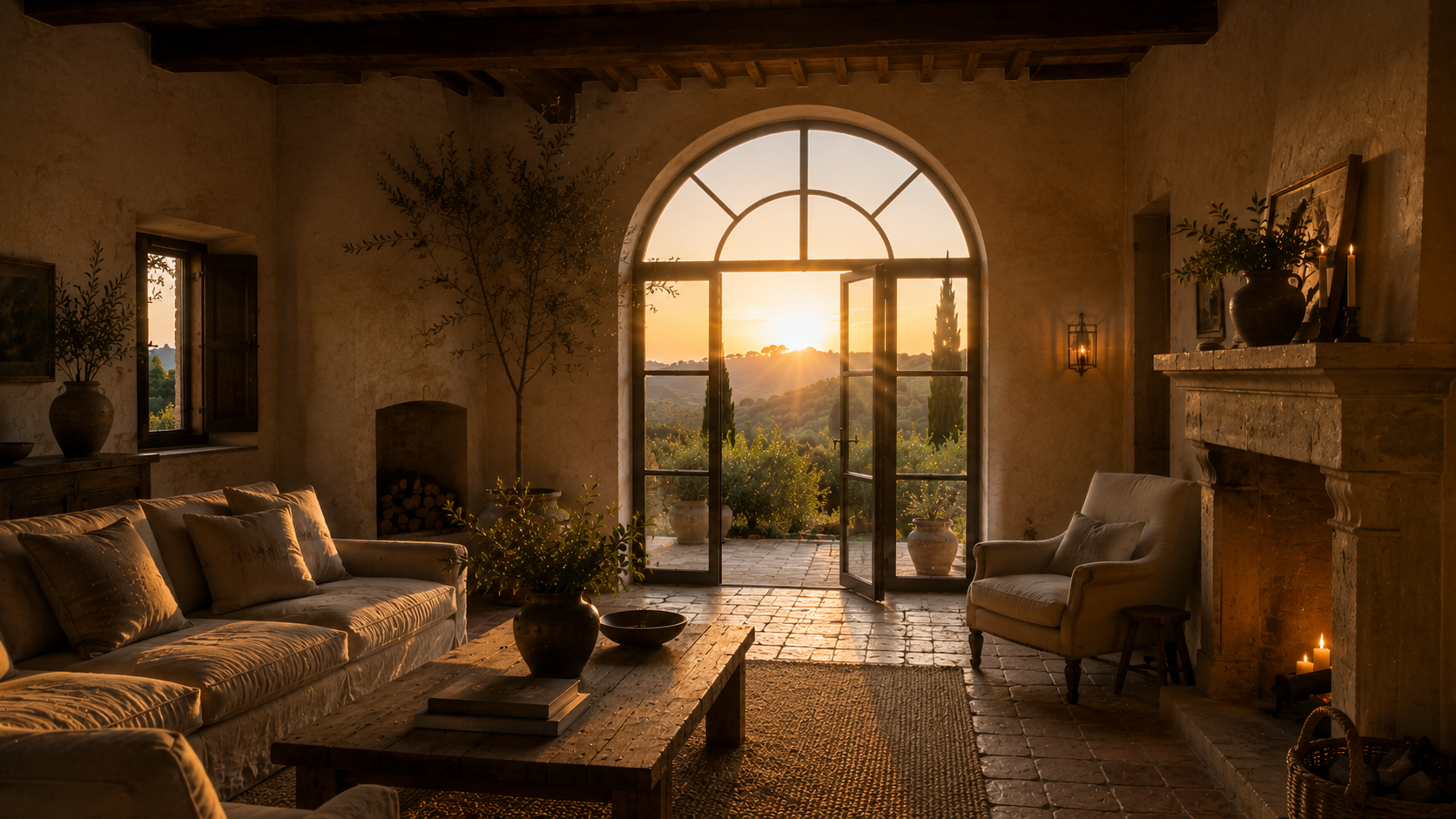 living room at golden hour, the arched doors open to the setting sun