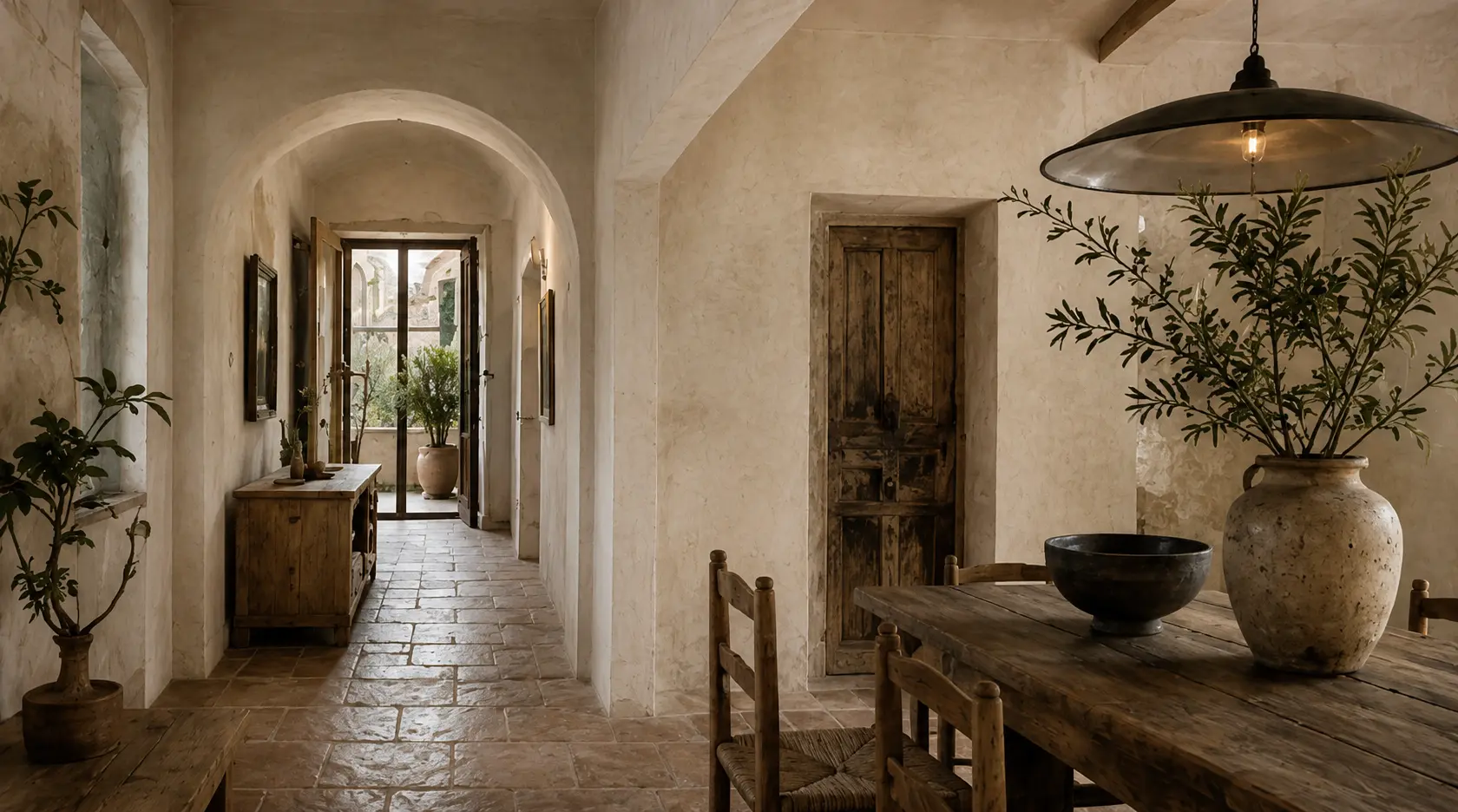 vaulted hallway leading past the dining table to the courtyard door