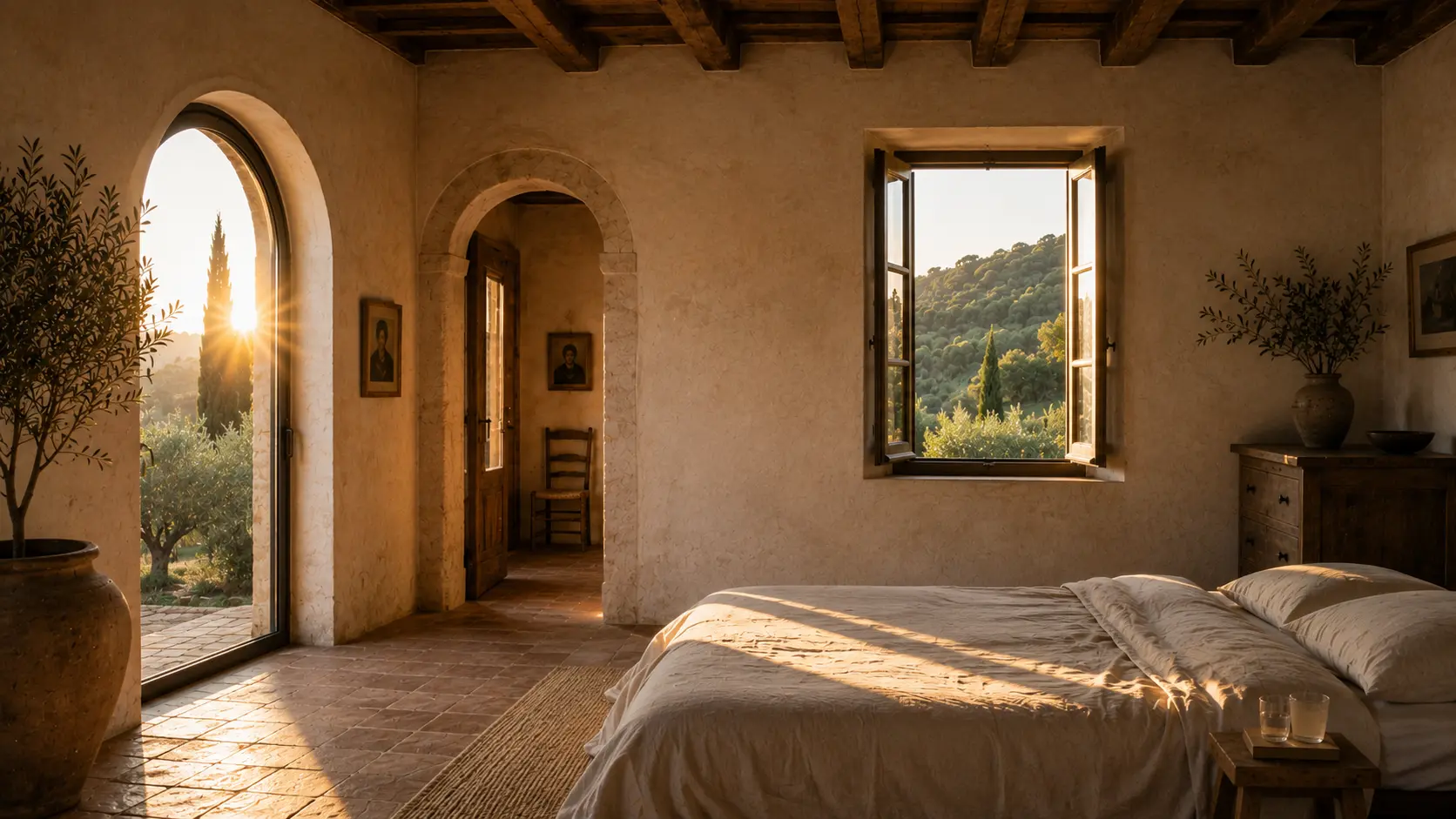 bedroom with morning sun crossing the linen bed