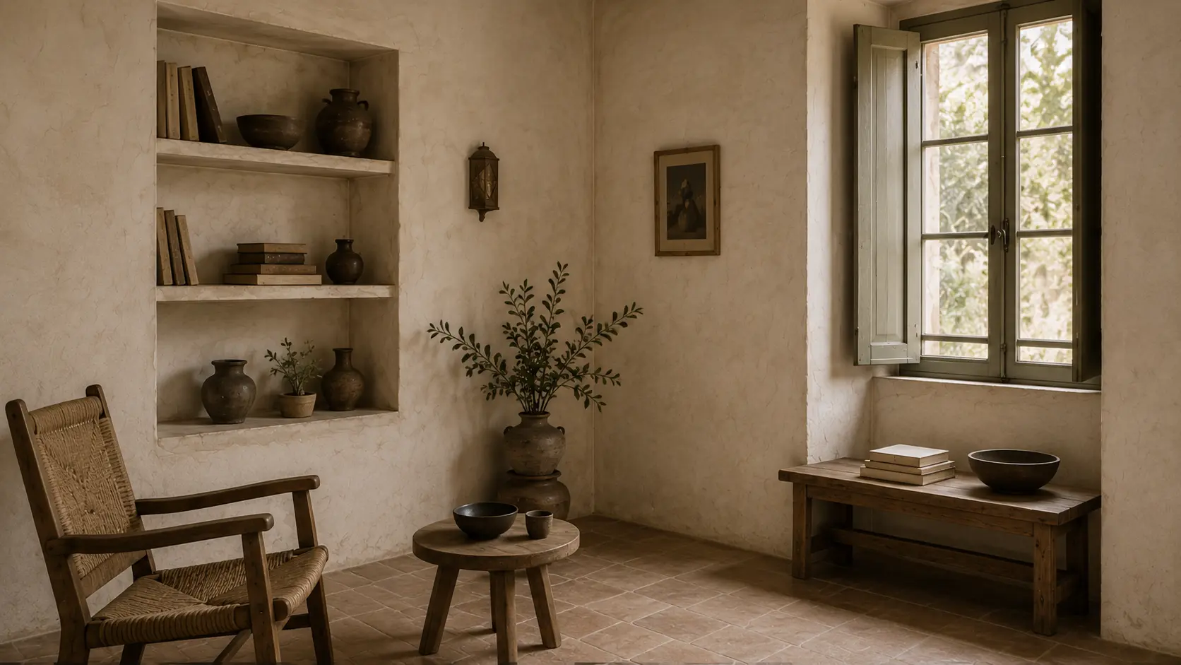 a corner with a woven chair, low table and built-in shelves